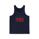 Navy unisex pickleball tank top with colorful "1965" numerals over a "PICKLEBALL" wordmark
