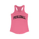 Solid Hot Pink women's racerback pickleball tank top with a bold, arched collegiate-style "PICKLEBALL" wordmark