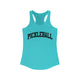 Women's racerback pickleball tank top with a bold, arched collegiate-style "PICKLEBALL" wordmark