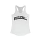 Women's racerback pickleball tank top with a bold, arched collegiate-style "PICKLEBALL" wordmark
