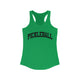Solid Kelly Green women's racerback pickleball tank top with a bold, arched collegiate-style "PICKLEBALL" wordmark