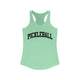 Women's racerback pickleball tank top with a bold, arched collegiate-style "PICKLEBALL" wordmark