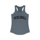 Solid Indigo women's racerback pickleball tank top with a bold, arched collegiate-style "PICKLEBALL" wordmark