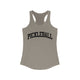 Women's racerback pickleball tank top with a bold, arched collegiate-style "PICKLEBALL" wordmark