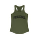 Solid Military Green women's racerback pickleball tank top with a bold, arched collegiate-style "PICKLEBALL" wordmark