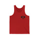 Red unisex pickleball tank top with a small crossed-paddles icon on the left chest