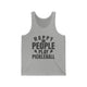 Athletic Heather unisex pickleball tank top with bold stacked "HAPPY PEOPLE PLAY PICKLEBALL" text and crossed paddles graphic