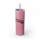 Glitter Magic Pink skinny tumbler with straw and an upside-down "PICKLEBALL" wordmark