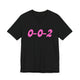 Black pickleball t-shirt with a pink script 0-0-2 text design