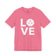 Charity pink t-shirt with a LOVE text design and a white pickleball replacing the O