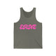 Grey triblend pickleball tank top with a pink retro bubble ERNE text design