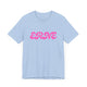 Baby blue pickleball t-shirt with a pink retro bubble ERNE text design