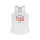 Solid White pickleball racerback tank top with a distressed collegiate-style "Bainbridge Island 1965 WA" text stack in navy and coral