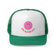 Green trucker cap with a pink smiley face with "PICKLEBALL" script text below