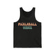 Black heather tank top with retro Pickleball Vibes text design in peach and sage