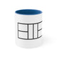 White mug with a Blue accent and a line-art illustration of a pickleball court