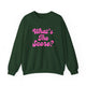 Pickleball crewneck sweatshirt with a pink script What's the Score text design