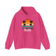 Heliconia pickleball hoodie with a retro sunset circle with silhouetted palm trees and "West Coast Pickleball" script text
