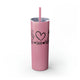 Glitter Magic Pink skinny tumbler with straw and a "Peace Love Pickleball" design with a peace-sign hand, a heart, and a paddle and ball