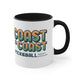 White mug with a Black accent and a retro stacked "Coast to Coast Pickleball apparel + accessories" logo