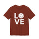 Rust t-shirt with a LOVE text design and a white pickleball replacing the O