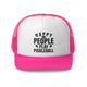 Pink trucker cap with "Happy People Play Pickleball" text with pickleball and paddle icons