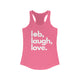 Solid hot pink women's pickleball racerback tank top with a lob, laugh, love text design and pickleball icon