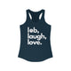 Solid midnight navy women's pickleball racerback tank top with a lob, laugh, love text design and pickleball icon