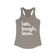 Solid warm gray women's pickleball racerback tank top with a lob, laugh, love text design and pickleball icon