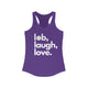 Solid purple rush women's pickleball racerback tank top with a lob, laugh, love text design and pickleball icon