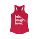 Solid red women's pickleball racerback tank top with a lob, laugh, love text design and pickleball icon
