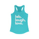 Solid tahiti blue women's pickleball racerback tank top with a lob, laugh, love text design and pickleball icon