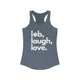 Solid indigo women's pickleball racerback tank top with a lob, laugh, love text design and pickleball icon
