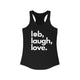Solid black women's pickleball racerback tank top with a lob, laugh, love text design and pickleball icon
