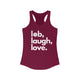 Solid cardinal red women's pickleball racerback tank top with a lob, laugh, love text design and pickleball icon