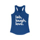 Solid royal blue women's pickleball racerback tank top with a lob, laugh, love text design and pickleball icon