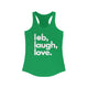 Solid kelly green women's pickleball racerback tank top with a lob, laugh, love text design and pickleball icon