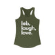 Solid military green women's pickleball racerback tank top with a lob, laugh, love text design and pickleball icon
