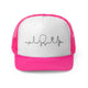 Pink trucker cap with a heartbeat-line illustration incorporating a paddle and pickleball