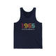 Navy unisex pickleball tank top with colorful "1965" numerals over a "PICKLEBALL" wordmark