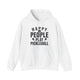 White pickleball hoodie with bold stacked "HAPPY PEOPLE PLAY PICKLEBALL" text and crossed paddles graphic