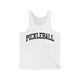 Unisex pickleball tank top with a bold, arched collegiate-style "PICKLEBALL" wordmark