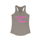 Pickleball women's racerback tank top with a pink script Meet You on the Court text design