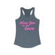 Solid indigo women's pickleball racerback tank top with a pink script Meet You on the Court text design