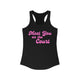 Solid black women's pickleball racerback tank top with a pink script Meet You on the Court text design