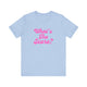 Baby blue pickleball t-shirt with a pink script What's the Score text design