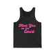 Pickleball tank top with a pink script Meet You on the Court text design