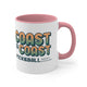 White mug with a Pink accent and a retro stacked "Coast to Coast Pickleball apparel + accessories" logo