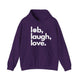 Purple pickleball hoodie with a lob, laugh, love text design and pickleball icon