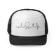 Black trucker cap with a heartbeat-line illustration incorporating a paddle and pickleball